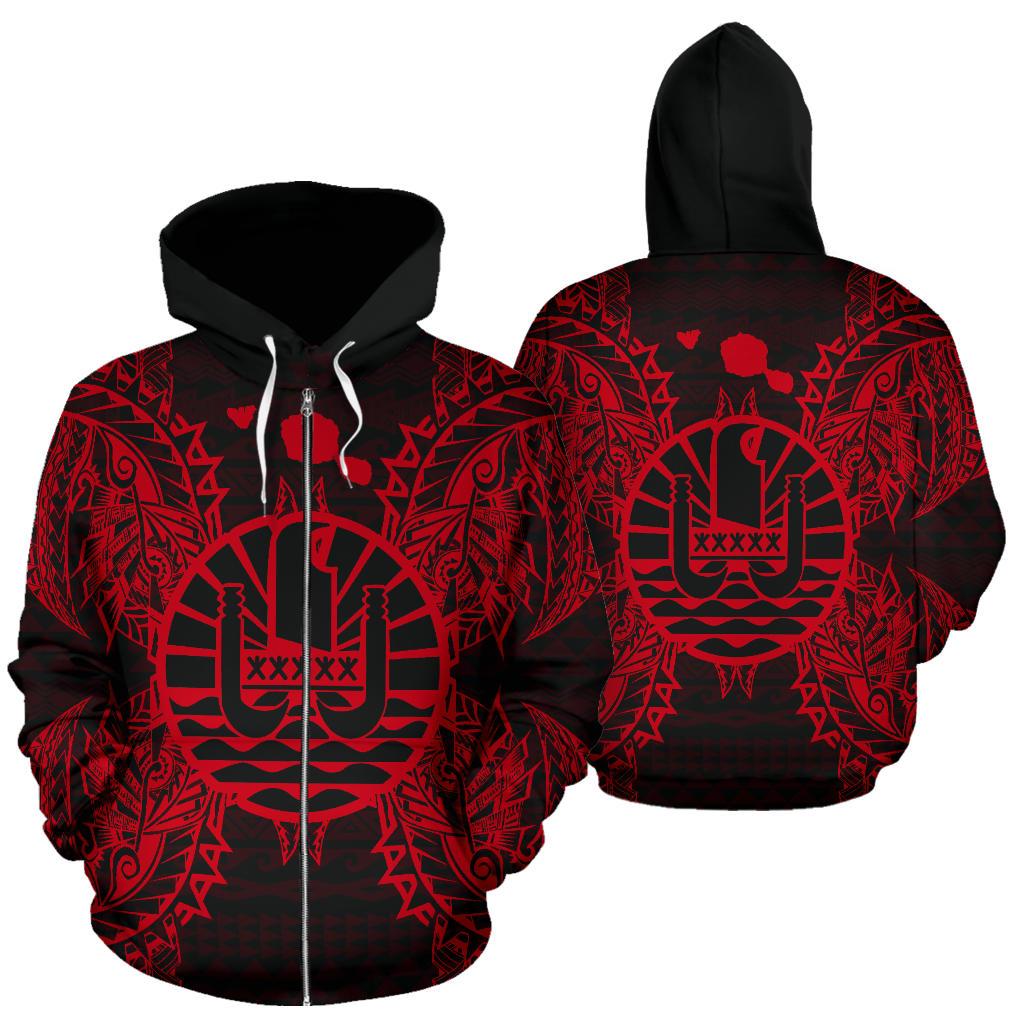 French Polynesia Polynesian All Over Zip up Hoodie Map Red Unisex Red - Polynesian Pride