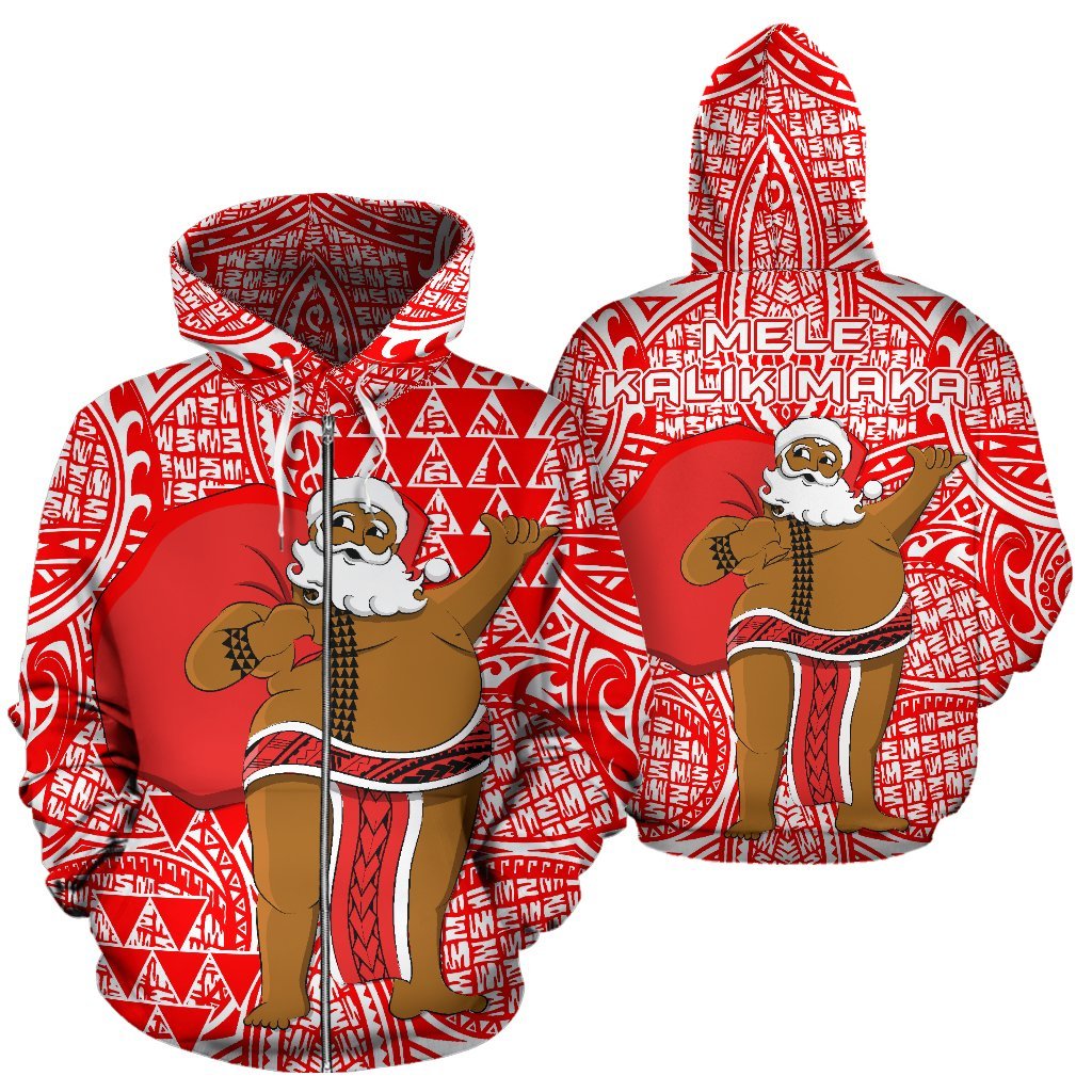 Polynesian Kakau Santa Mele Kalikimaka Hawaii Zip Hoodie Red Unisex Red - Polynesian Pride