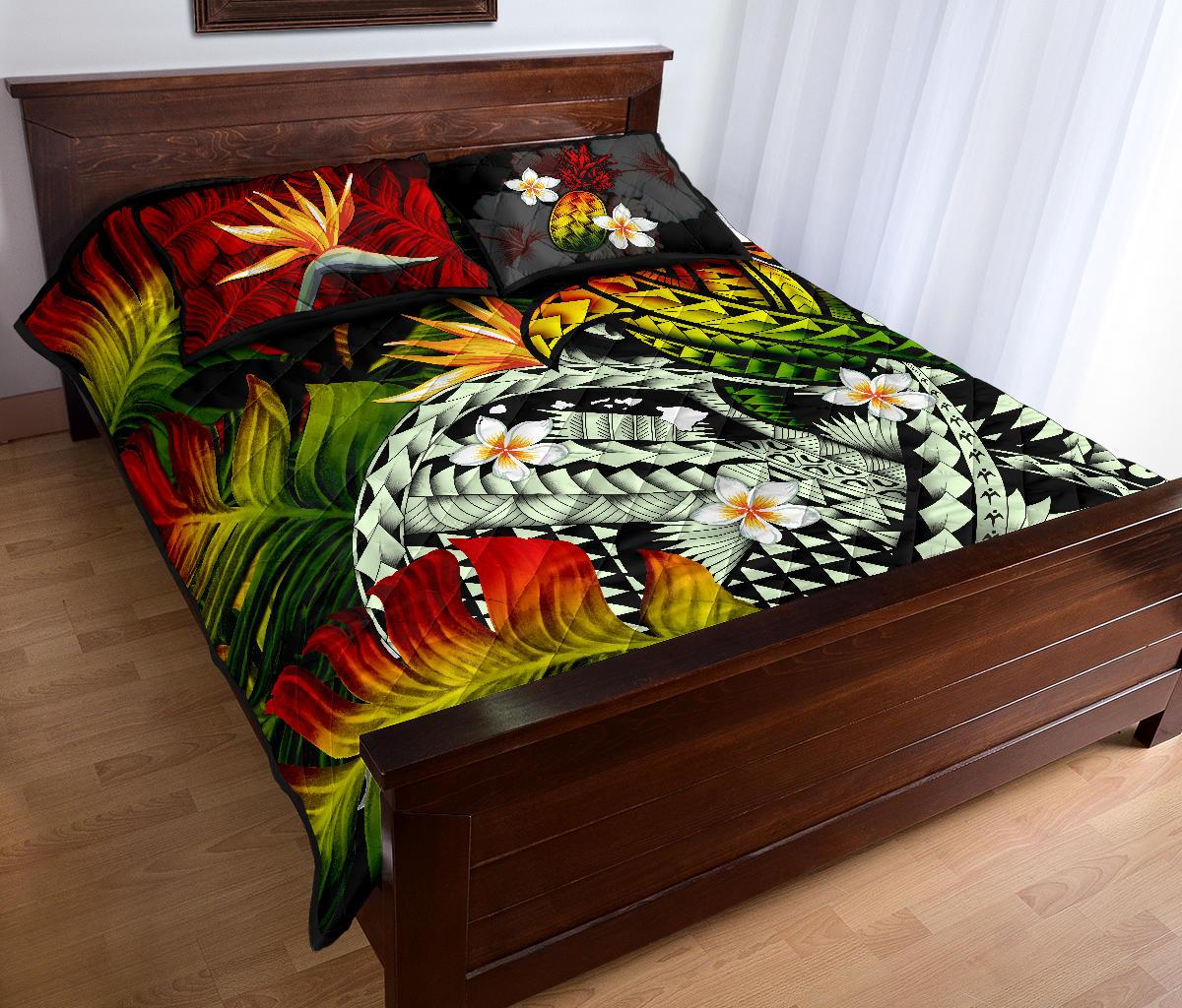 Kanaka Maoli (Hawaiian) Quilt Bed Set, Polynesian Pineapple Banana Leaves Turtle Tattoo Reggae - Polynesian Pride