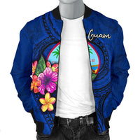 Guam Polynesian Men's Bomber Jacket - Floral With Seal Blue - Polynesian Pride