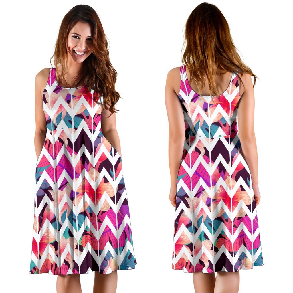 Hawaii Palm Foliage On Striped Zigzag Midi Dress - Polynesian Pride