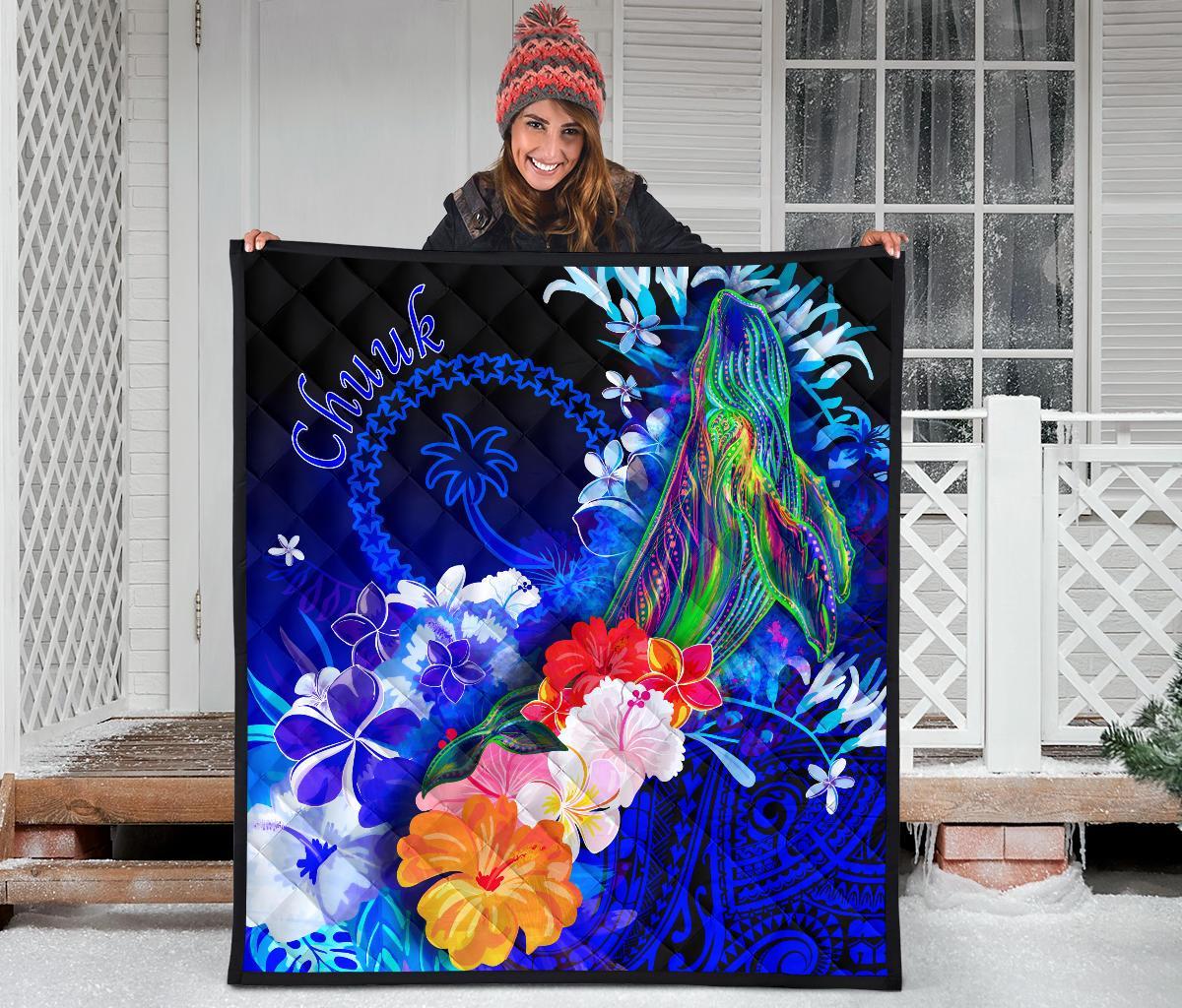 Chuuk Premium Quilt - Humpback Whale with Tropical Flowers (Blue) - Polynesian Pride