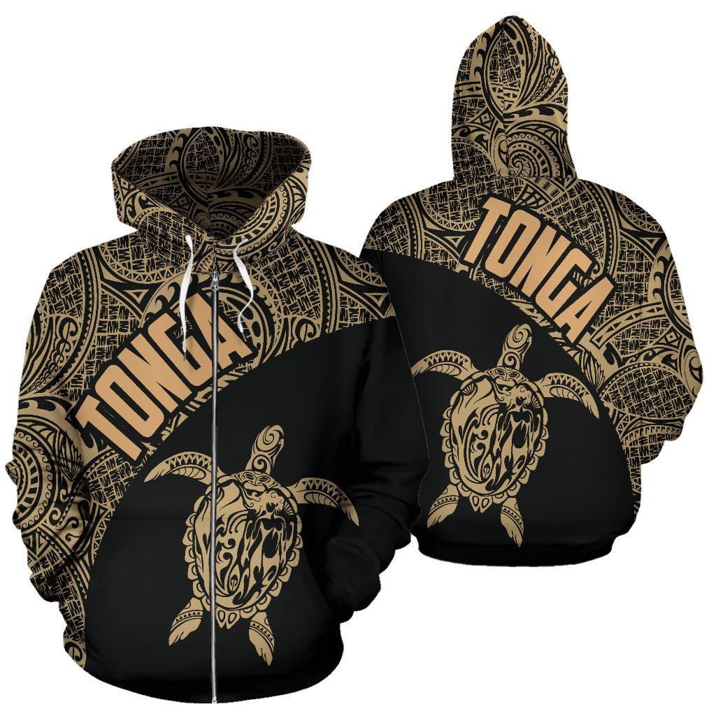 Tonga Zip up Hoodie Tonga Turtle Mermaid Polynesian Tattoo Gold Version Unisex Black - Polynesian Pride