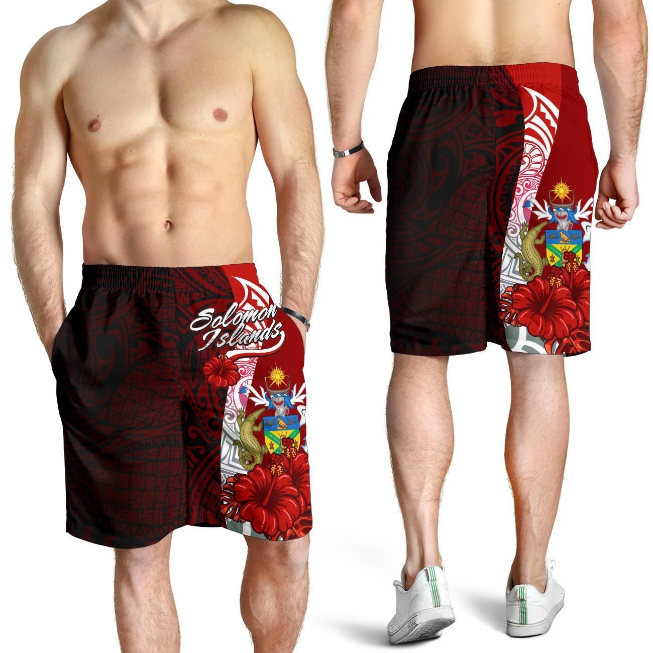 Solomon Islands Polynesian Men's Shorts - Coat Of Arm With Hibiscus Red - Polynesian Pride