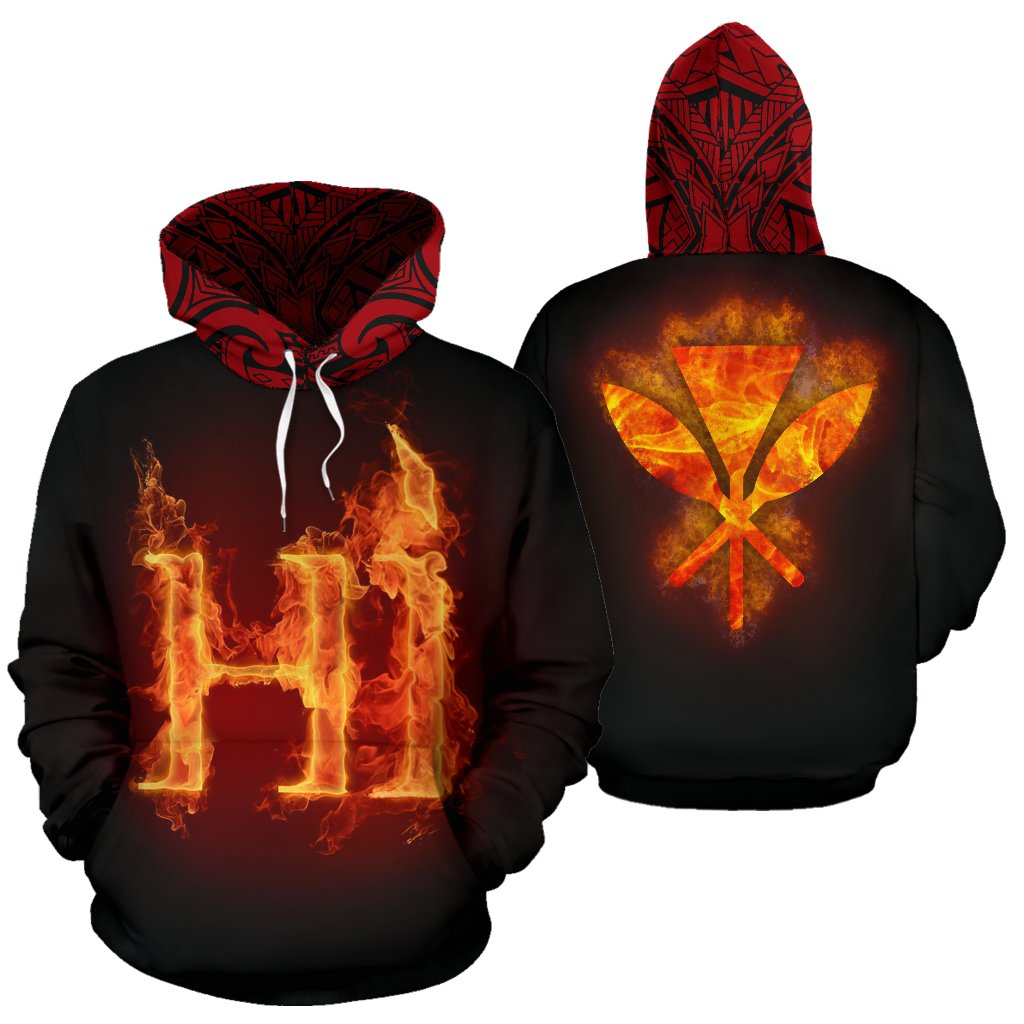 Hawaii Fire All Over Hoodie Unisex Black - Polynesian Pride