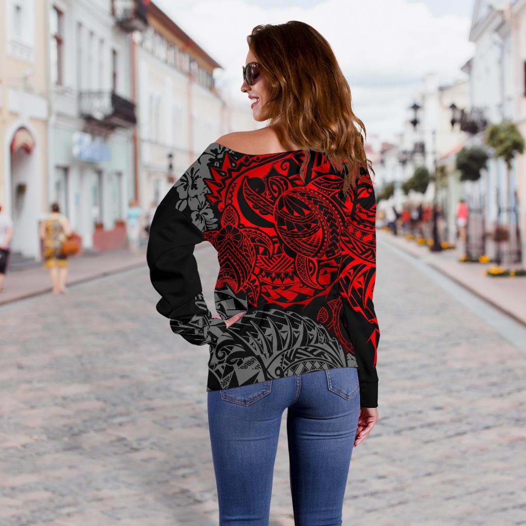 Polynesian Hawaii (Kanaka Maoli) Off Shoulder Sweater - Red Turtle Hibiscus Flowing - Polynesian Pride