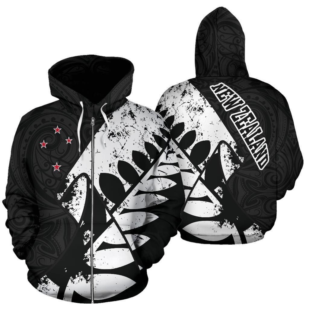 New Zealand Maori Zip Hoodie, Silver Fern Flag Full Zip Hoodie - Polynesian Pride