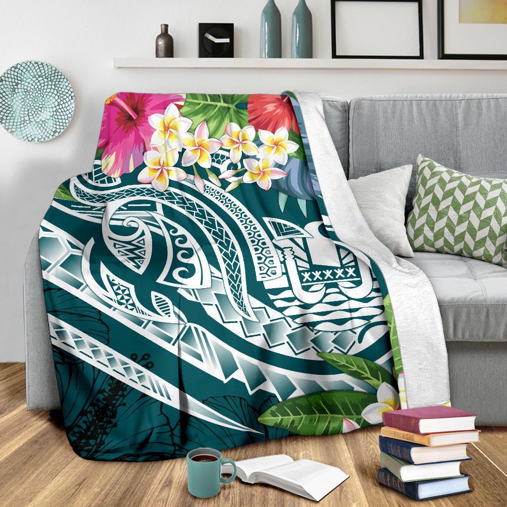 Tahiti Polynesian Premium Blanket - Summer Plumeria (Turquoise) - Polynesian Pride