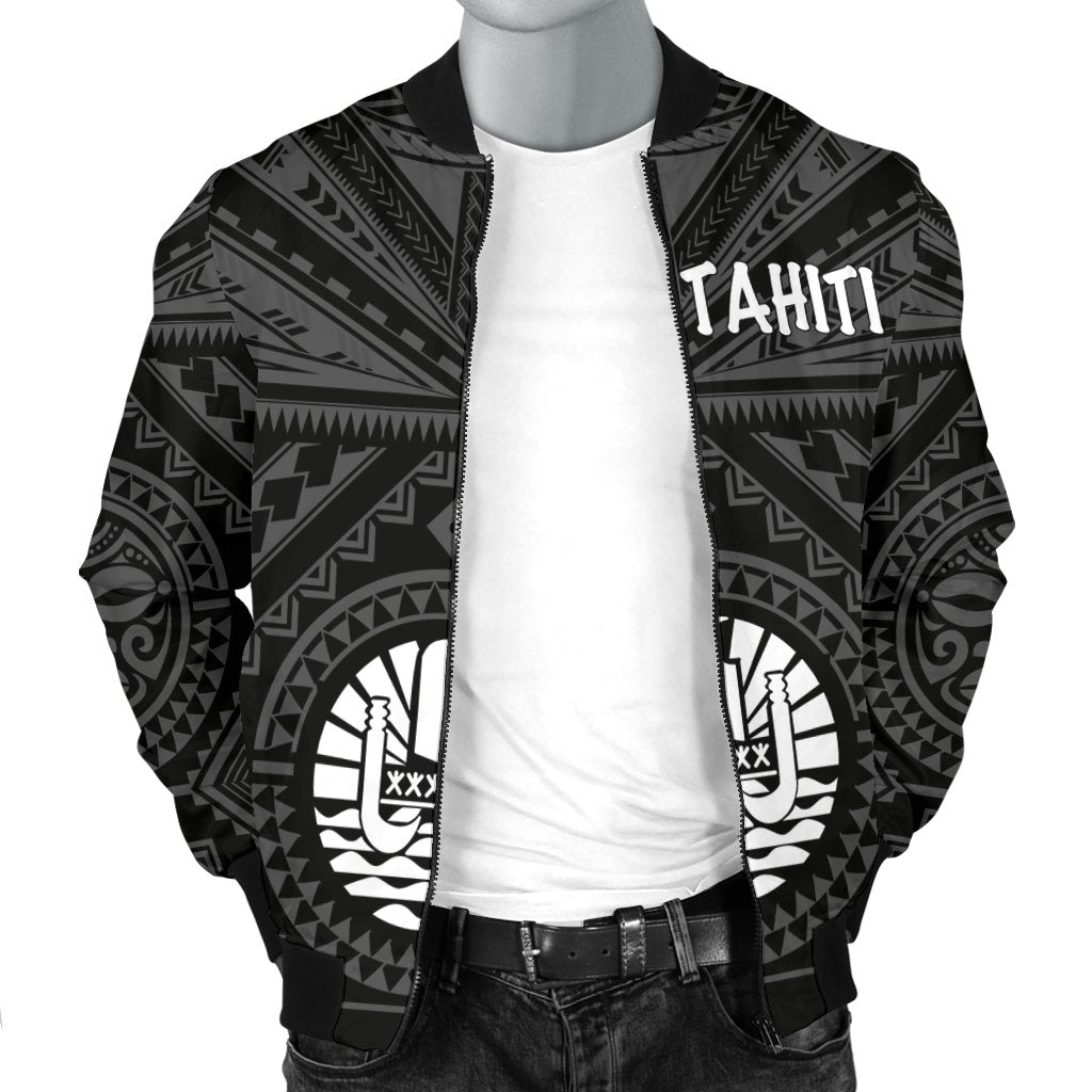 Tahiti Men's Bomber Jacket - Tahiti Seal In Polynesian Tattoo Style (Black) - Polynesian Pride