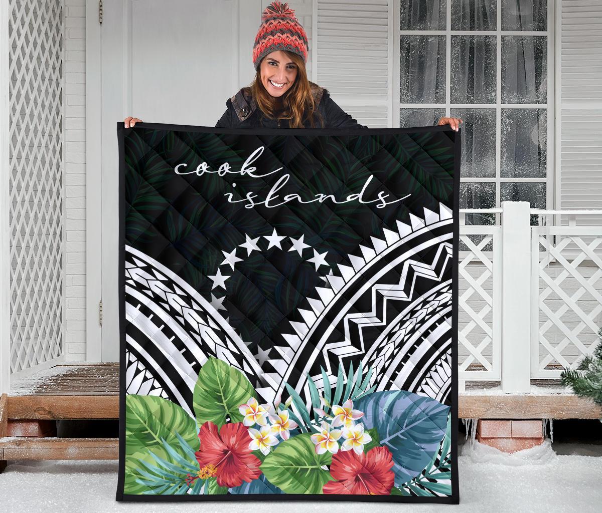 Cook Islands Premium Quilt - Cook Islands Coat of Arms & Polynesian Tropical Flowers White - Polynesian Pride
