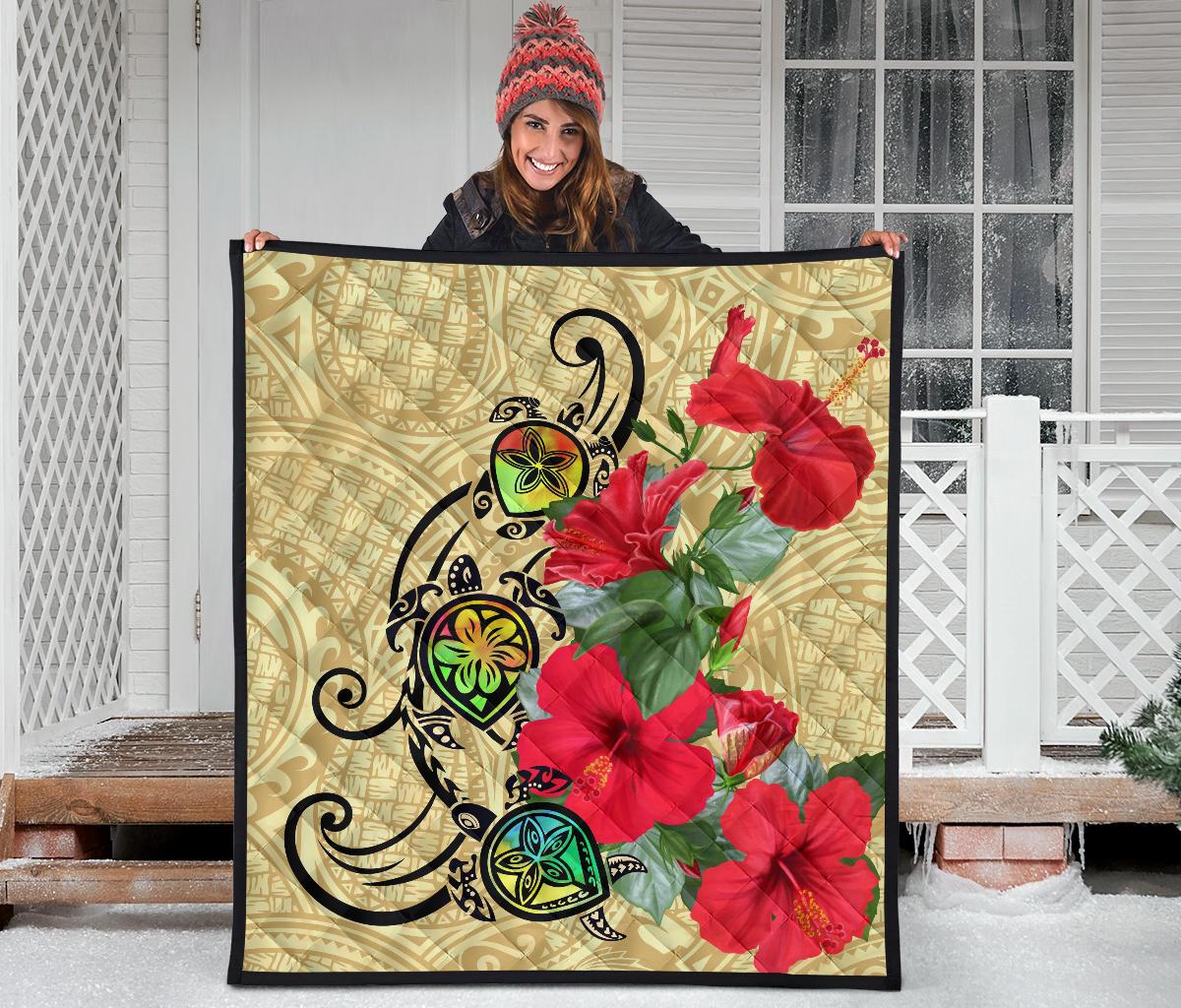 Hawaiian Marble Turtles Hibiscus Premium Quilt - Polynesian Pride