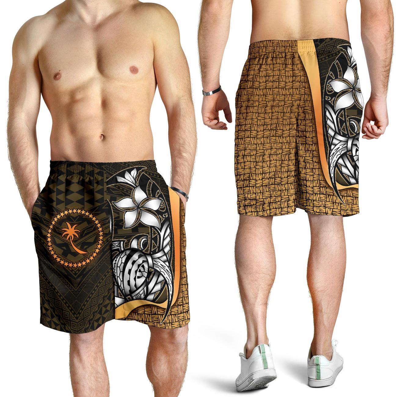 Chuuk Micronesian Men's Shorts Gold - Turtle With Hook Gold - Polynesian Pride