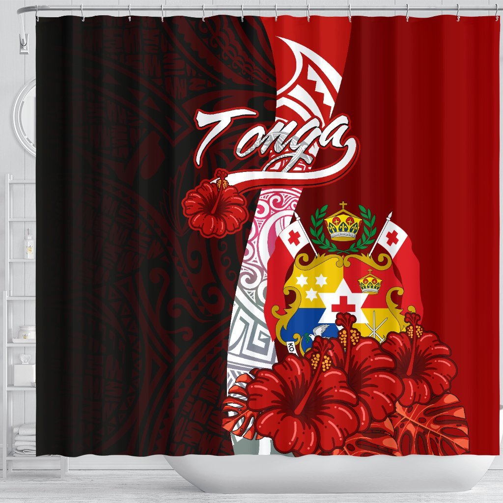 Tonga Polynesian Shower Curtain - Coat Of Arm With Hibiscus - Polynesian Pride