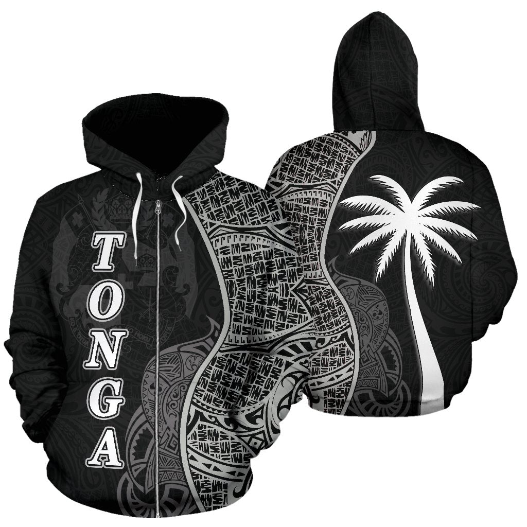 Tonga Polynesian Zip up Hoodie Coconut Tree Black Unisex Black - Polynesian Pride