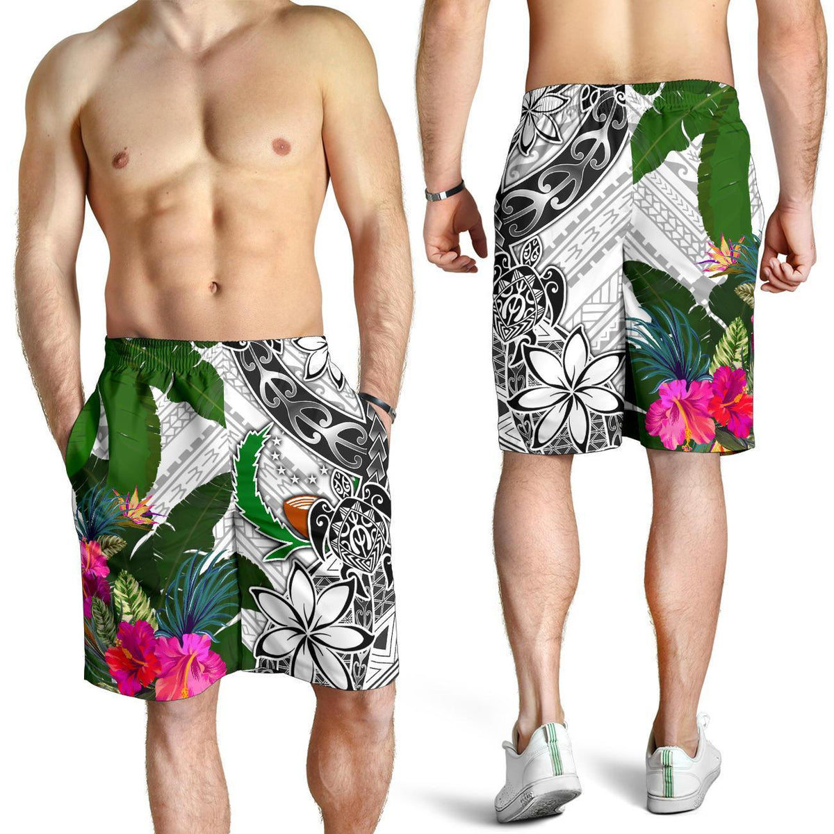 Pohnpei Men's Short White - Turtle Plumeria Banana Leaf - Polynesian Pride