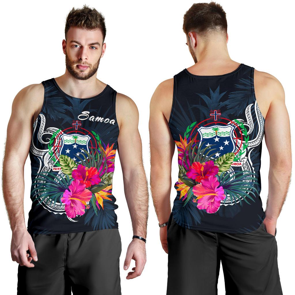 Samoa Polynesian Men's Tank Top - Tropical Flowers Blue - Polynesian Pride