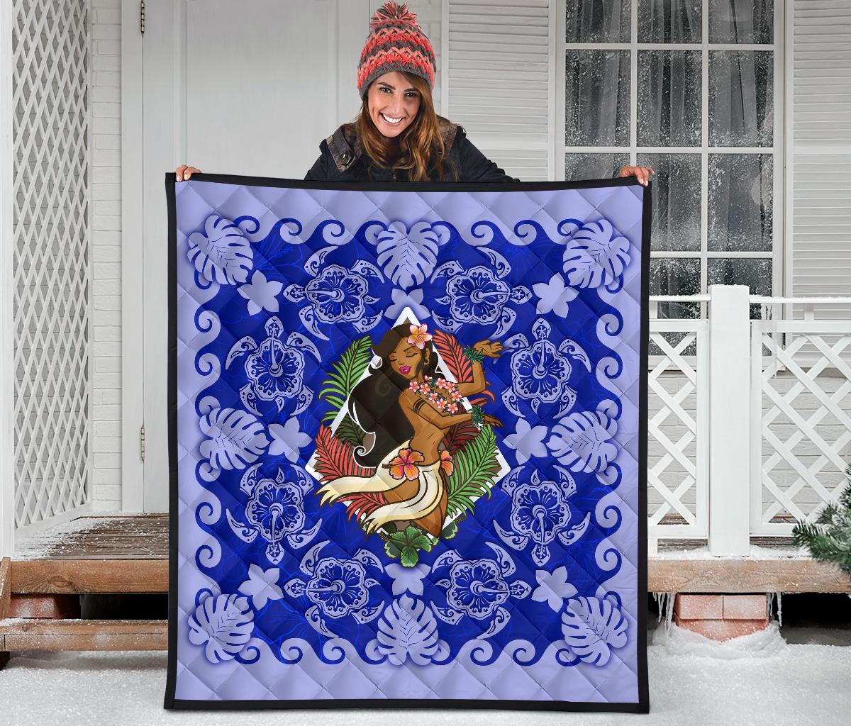 Hawaii Polynesian Premium Quilt - Hawaiian Dancing Girl Blue - Polynesian Pride