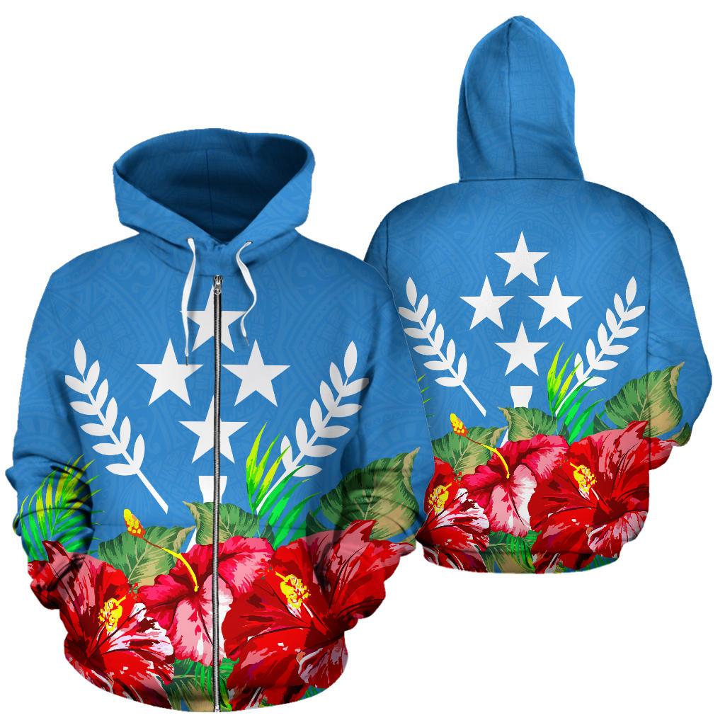 Kosrae Polynesian Zip Hoodie Flag Hibiscus Unisex Blue - Polynesian Pride