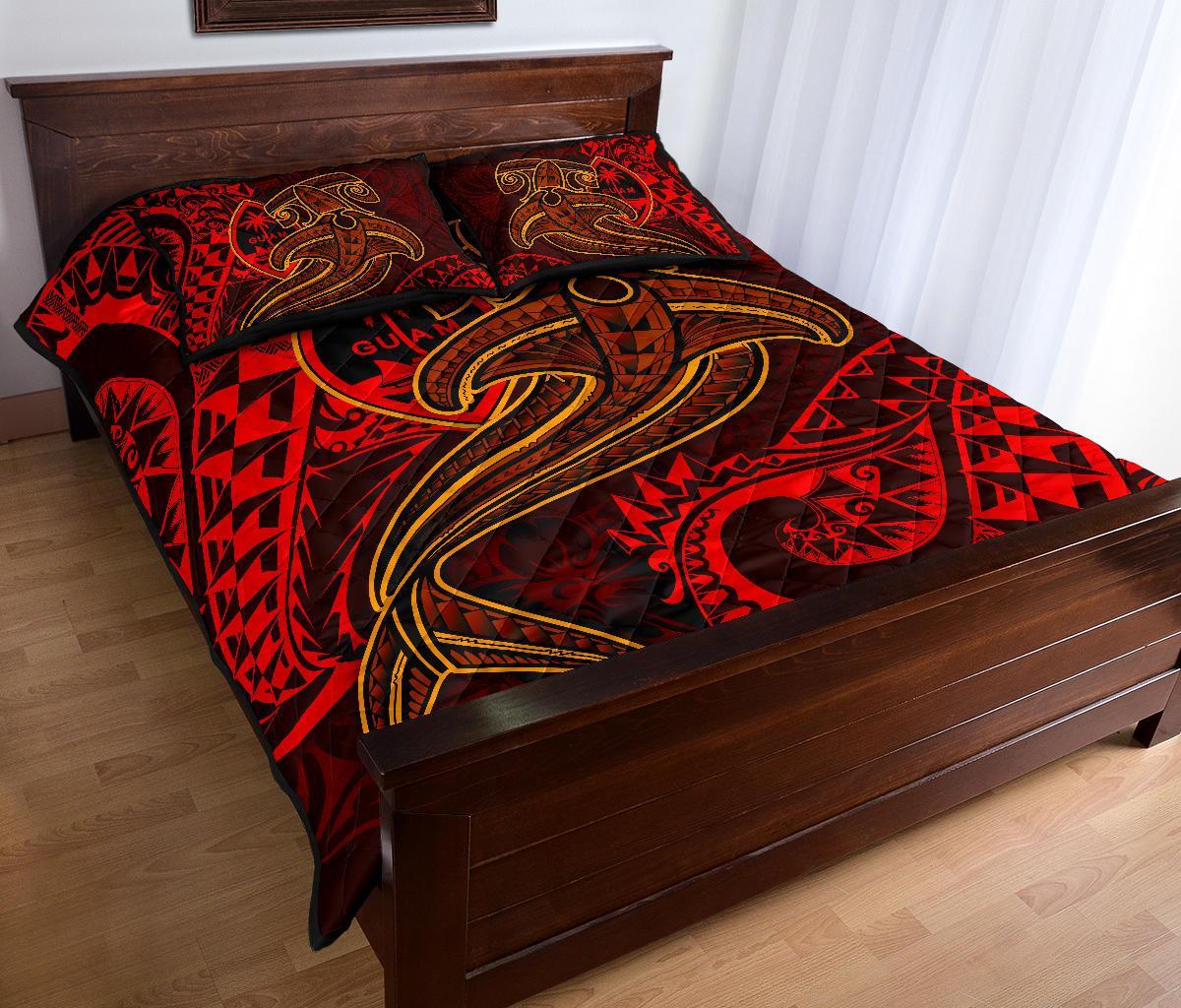 Guam Polynesian Quilt Bed Set - Red Shark Polynesian Tattoo - Polynesian Pride