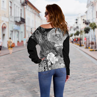 Polynesian Hawaii Women's Off Shoulder Sweater - Humpback Whale with Tropical Flowers (White) - Polynesian Pride