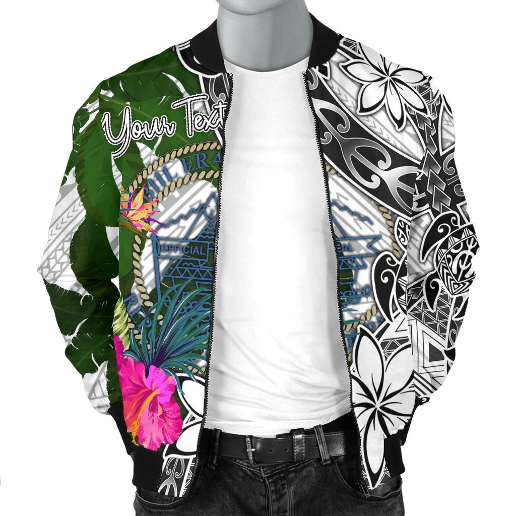 Palau Custom Personalised Men's Bomber Jacket White - Turtle Plumeria Banana Leaf Crest - Polynesian Pride