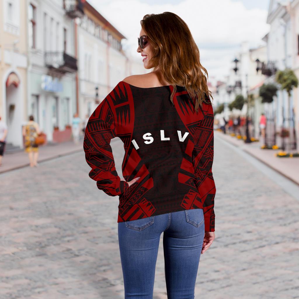 Society Islands Women's Off Shoulder Sweater - Polynesian Tattoo Red - Polynesian Pride