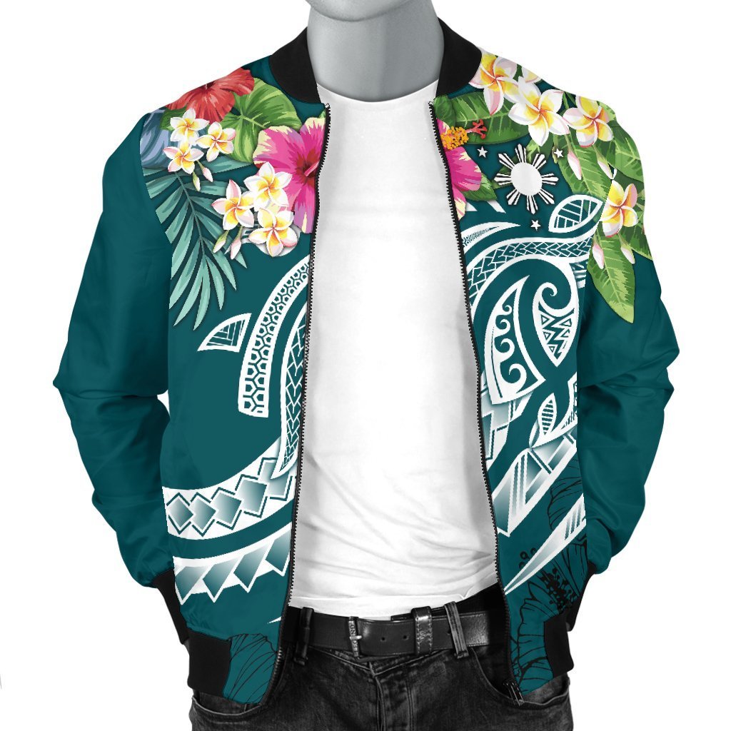 The Philippines Men's Bomber Jacket - Summer Plumeria (Turquoise) - Polynesian Pride