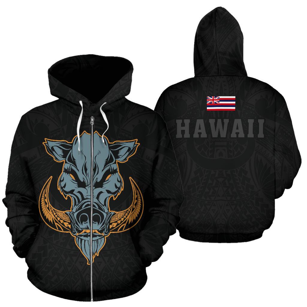 Polynesian Kamapuaa Flag of Hawaii Zip Hoodie Grey Hawaiian Mythology Style Unisex Grey - Polynesian Pride