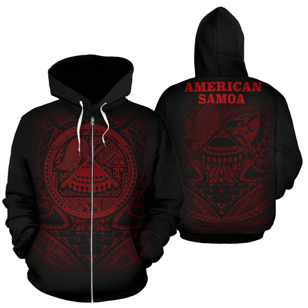 American Samoa Polynesian All Over Zip up Hoodie Tribal Pattern Unisex Black - Red - Polynesian Pride