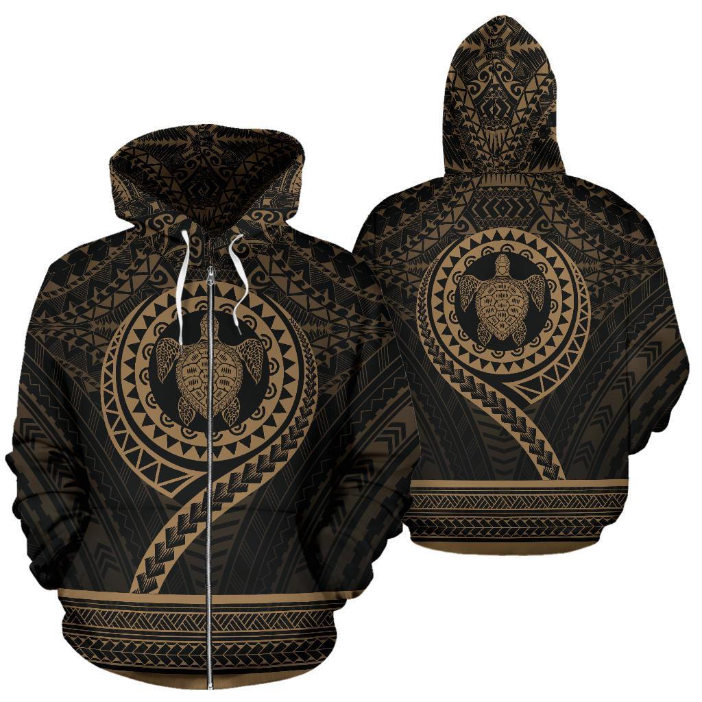 Polynesian Zip up Hoodie Polynesian Turtle Tattoo Style Unisex Gold - Polynesian Pride