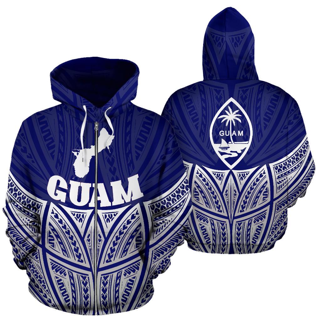 Guam Polynesian Zip up Hoodie Blue Pride Map and Seal Unisex Blue - Polynesian Pride