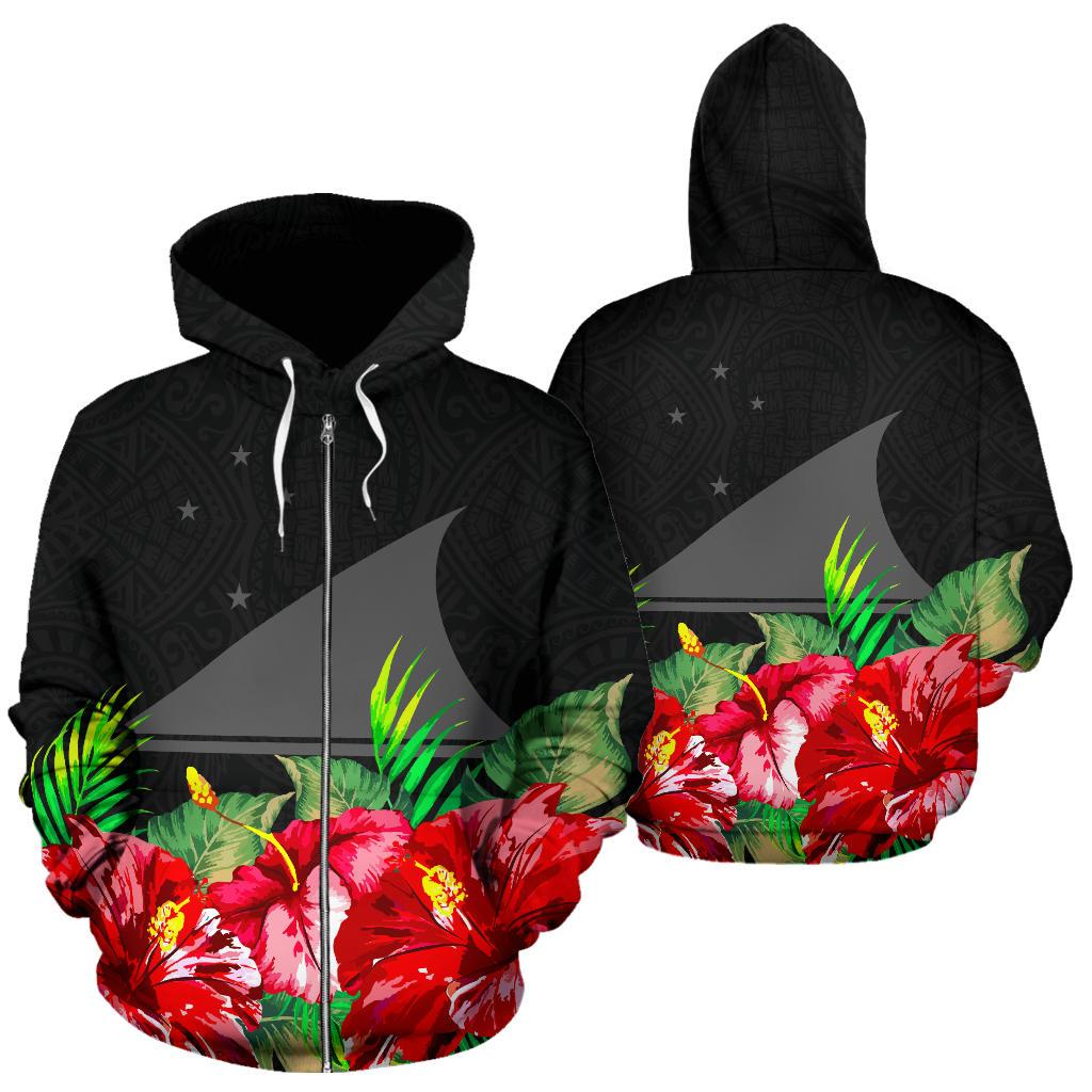 Tokelau Polynesian Zip Hoodie Black Hibiscus Unisex Black - Polynesian Pride