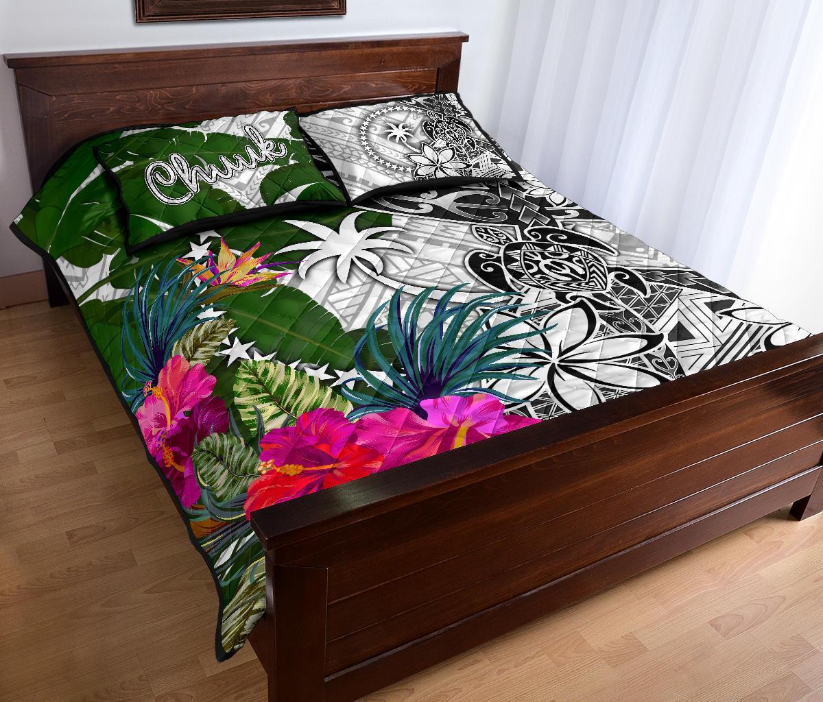 Chuuk Quilt Bed Set White - Turtle Plumeria Banana Leaf - Polynesian Pride