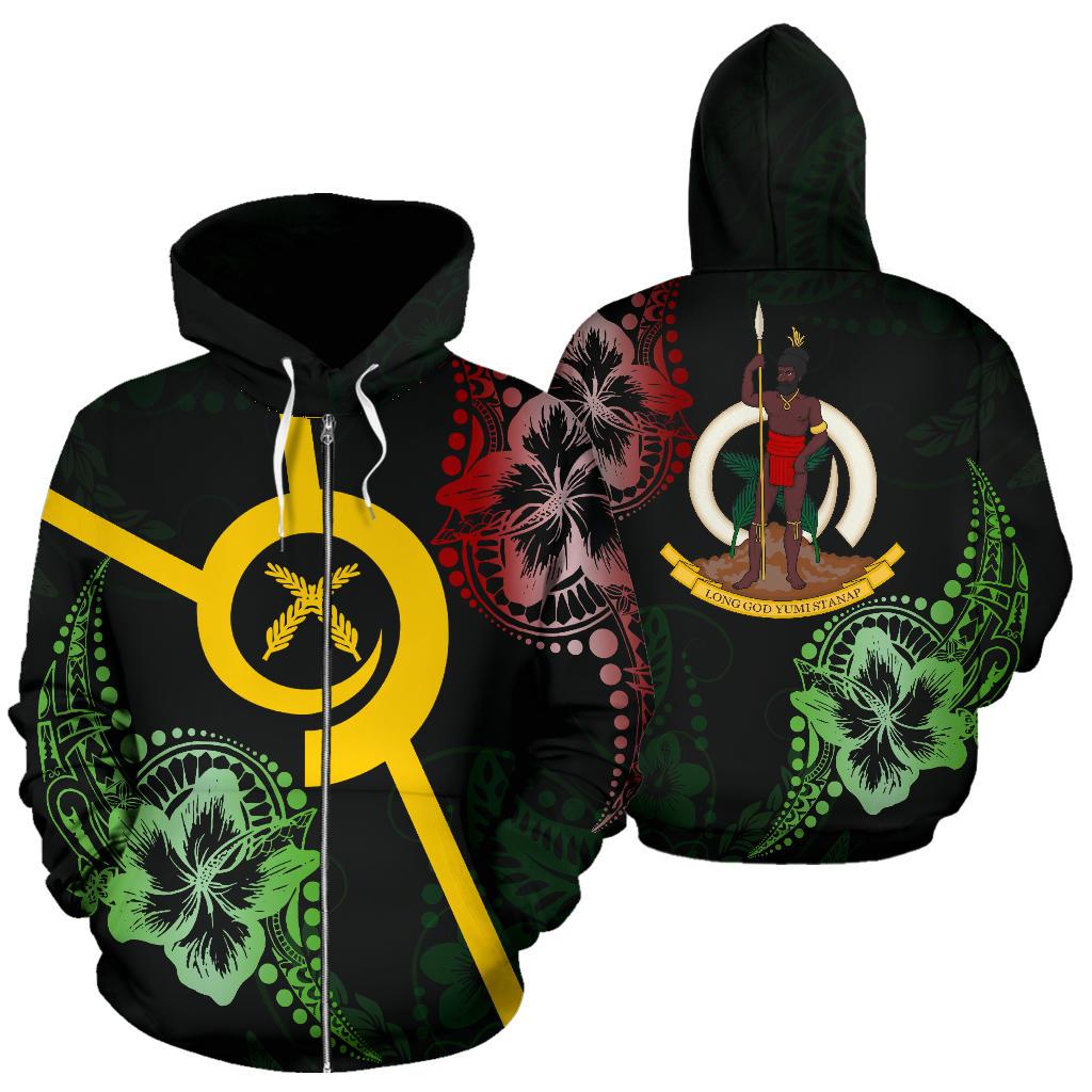 Vanuatu All Over Zip up Hoodie Hibiscus Style Unisex Black - Polynesian Pride