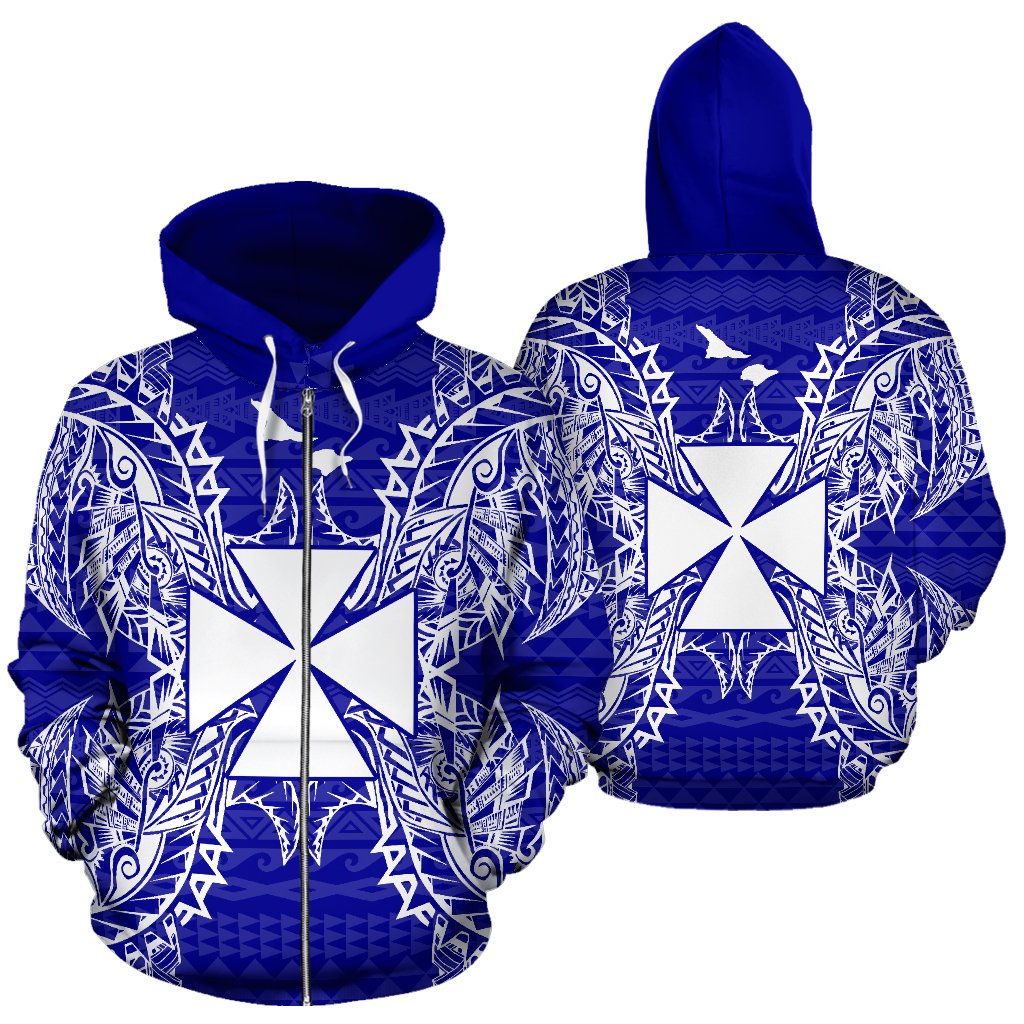 Wallis and Futuna Polynesian All Over Zip up Hoodie Map Blue Unisex Blue - Polynesian Pride