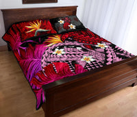 Kanaka Maoli (Hawaiian) Quilt Bed Set, Polynesian Pineapple Banana Leaves Turtle Tattoo Pink - Polynesian Pride