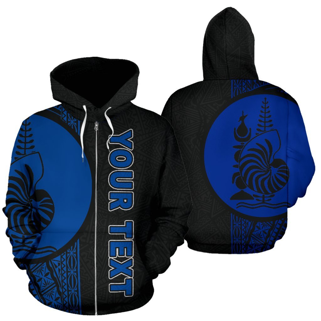 New Caledonia Polynesian All Over Custom Zip up Hoodie Blue Line Unisex Black - Blue - Polynesian Pride