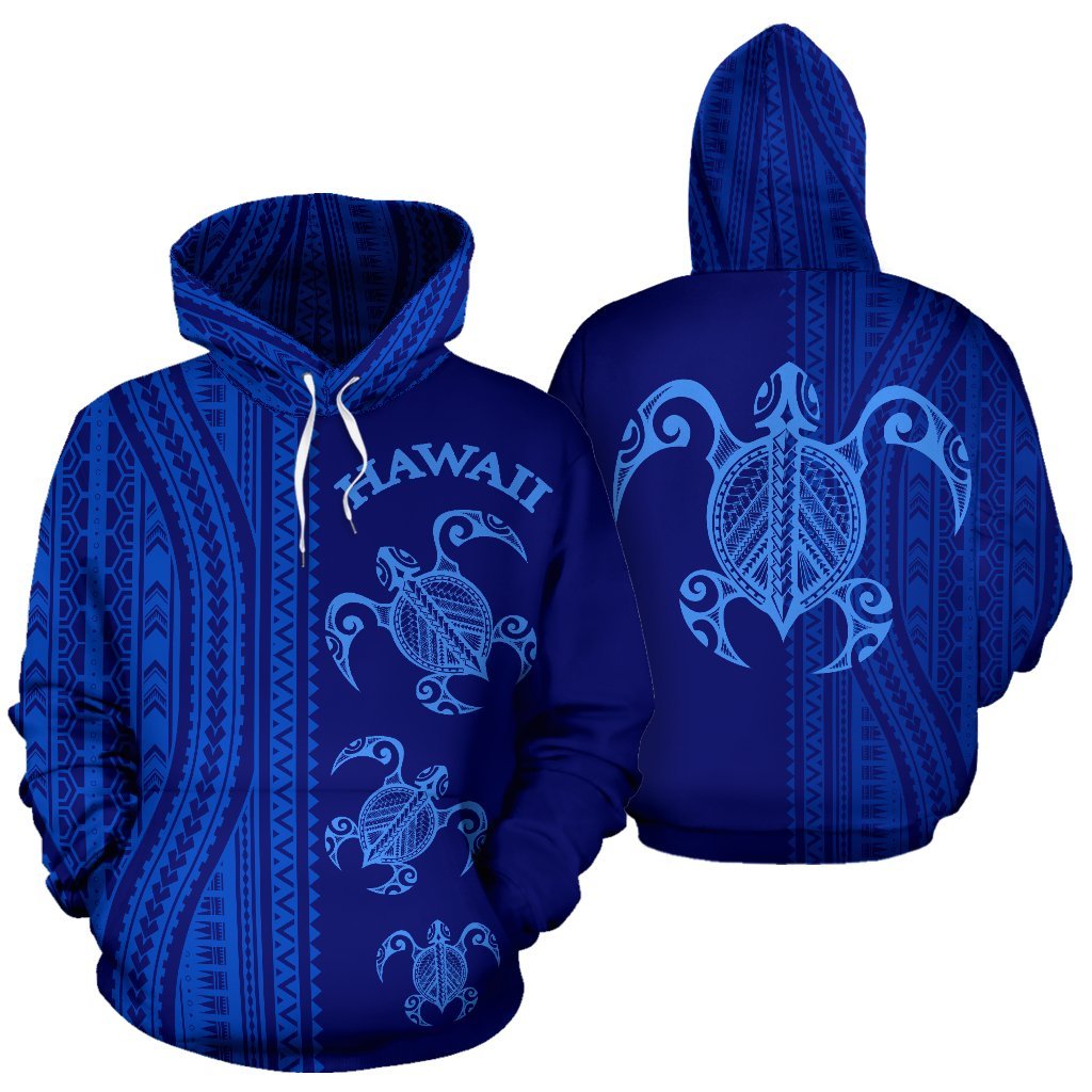 Hawaii Hoodie Turtle Polynesian Tattoo Half Style 02 Unisex Blue - Polynesian Pride