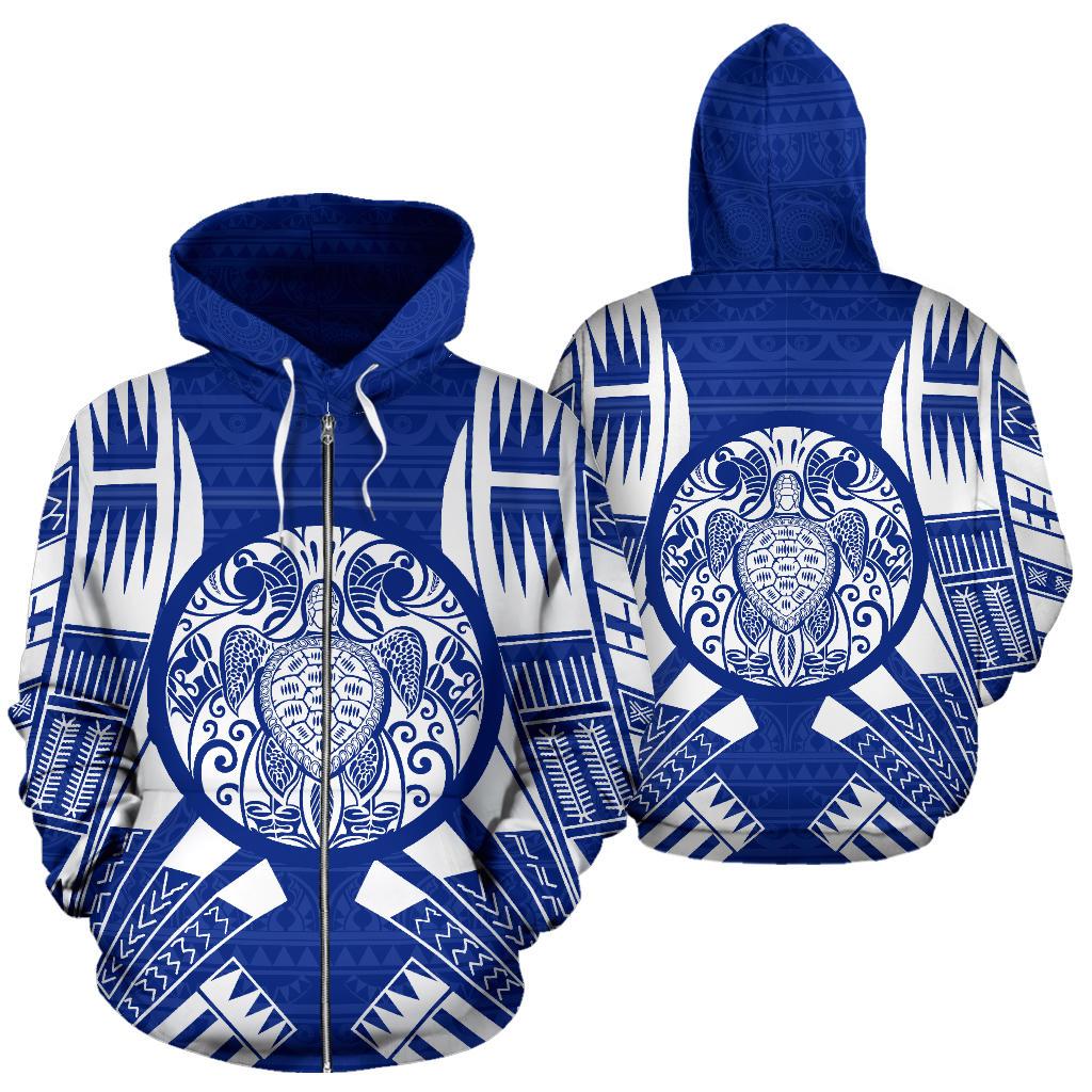 Turtle All Over Zip up Hoodie Blue Tattoo Style Unisex Blue - Polynesian Pride