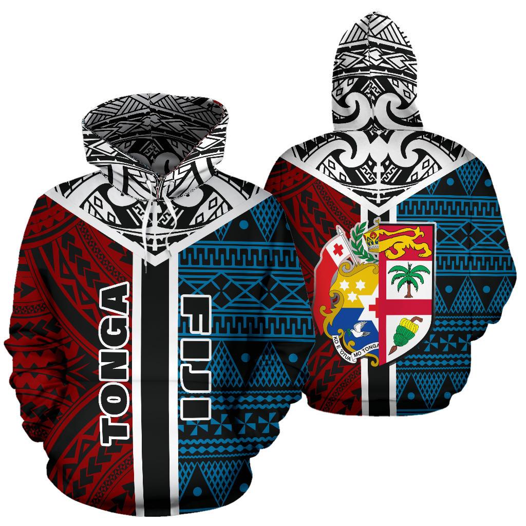 Tonga Fiji All Over Hoodie Unisex Black - Polynesian Pride