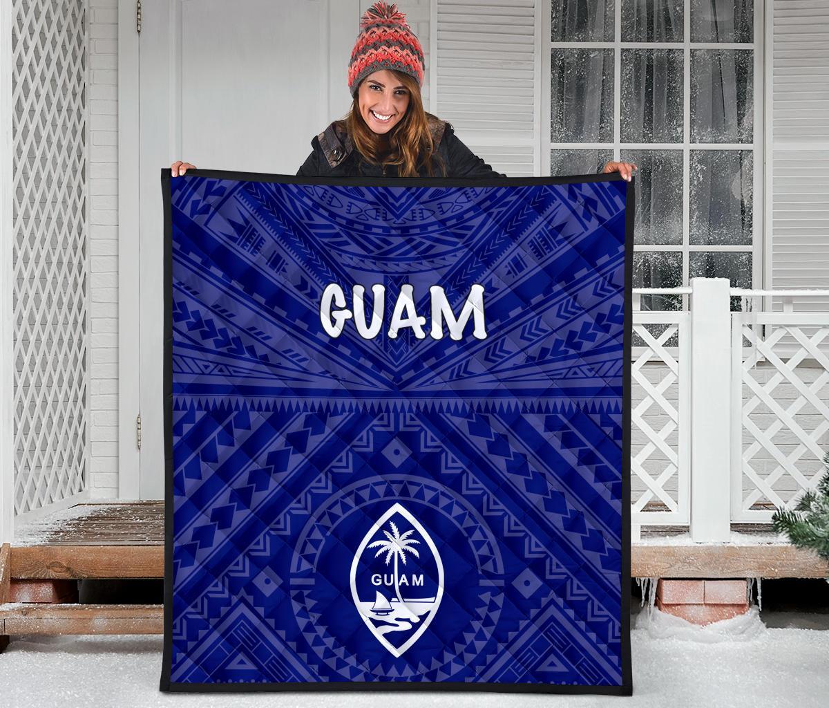Guam Premium Quilt - Guam Seal With Polynesian Tattoo Style (Blue) - Polynesian Pride
