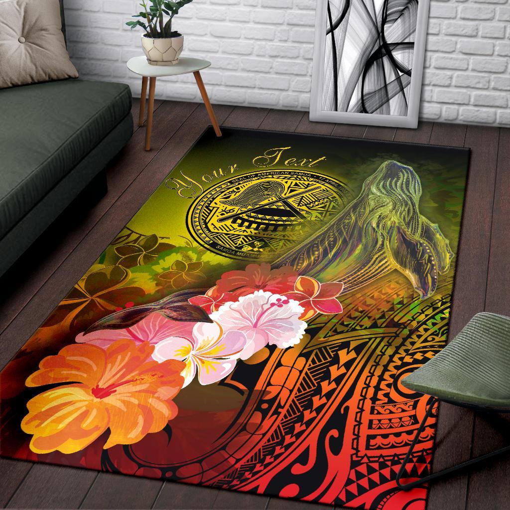 American Samoa Polynesian Custom Personalised Area Rug - Humpback Whale with Tropical Flowers Yellow - Polynesian Pride