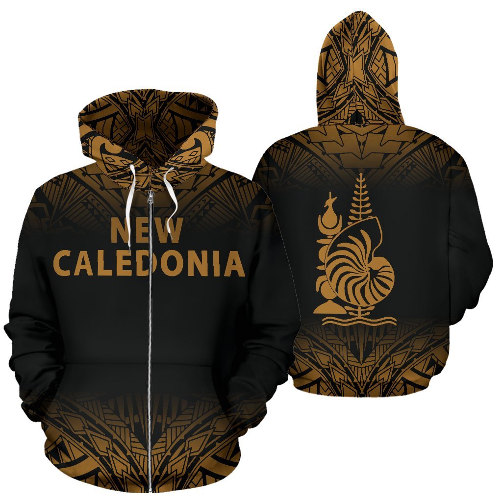 New Caledonia Polynesian All Over Zip up Hoodie Fog Gold Style Unisex Black - Polynesian Pride