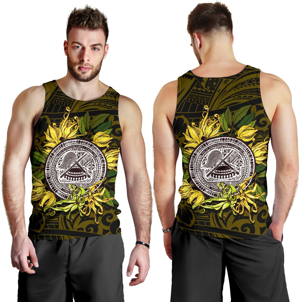 American samoa Men's Tank Top Ylang Ylang Flowers Black - Polynesian Pride