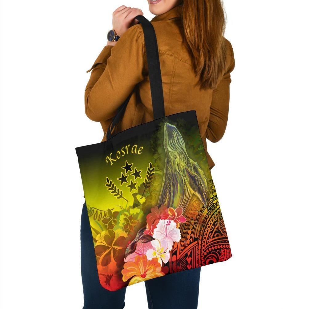 Kosrae Tote Bags - Humpback Whale with Tropical Flowers (Yellow) Tote Bag One Size Yellow - Polynesian Pride