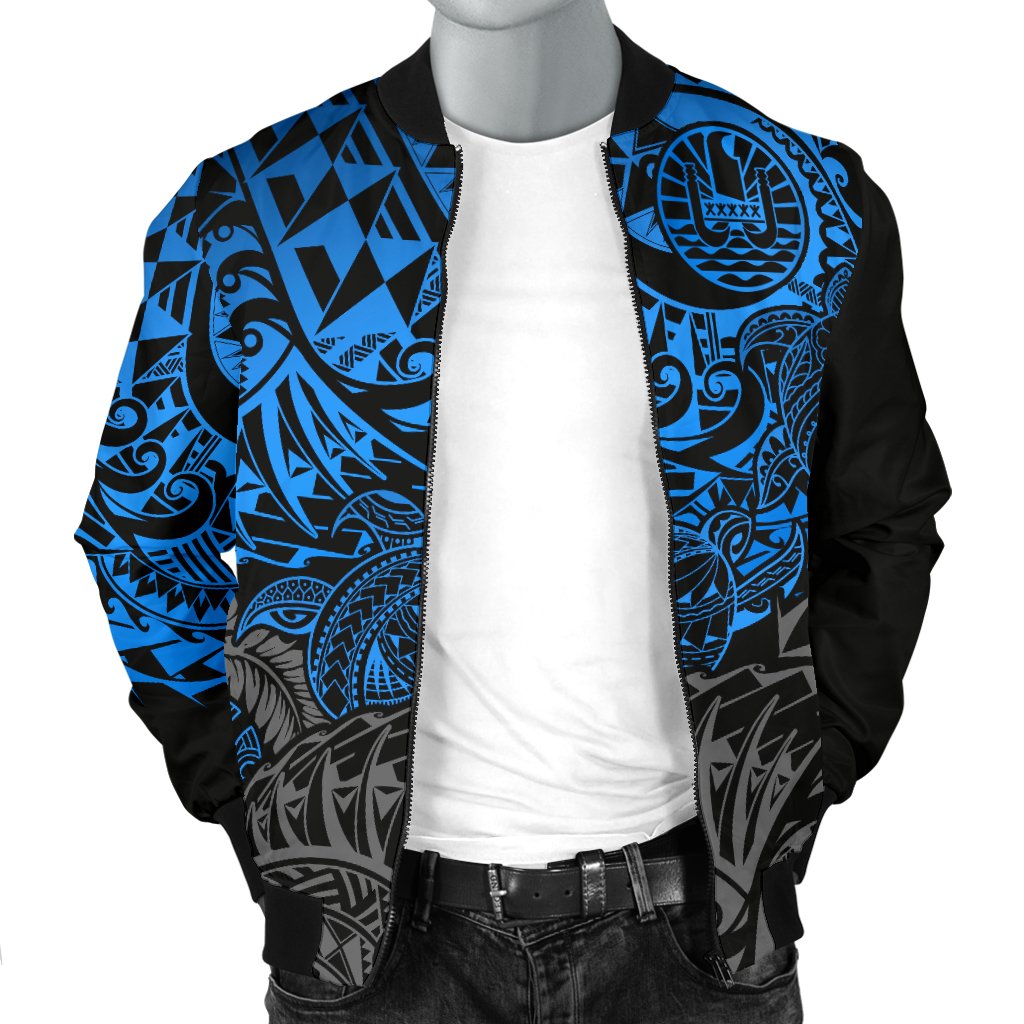 Tahiti Polynesian Men Bomber Jacket - Blue Turtle Hibiscus Flowing - Polynesian Pride