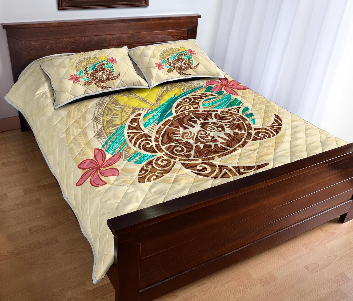 Kanaka Maoli (Hawaii) Quilt Bed Set - Turtle Polynesian Flower Tattoo Beige - Polynesian Pride