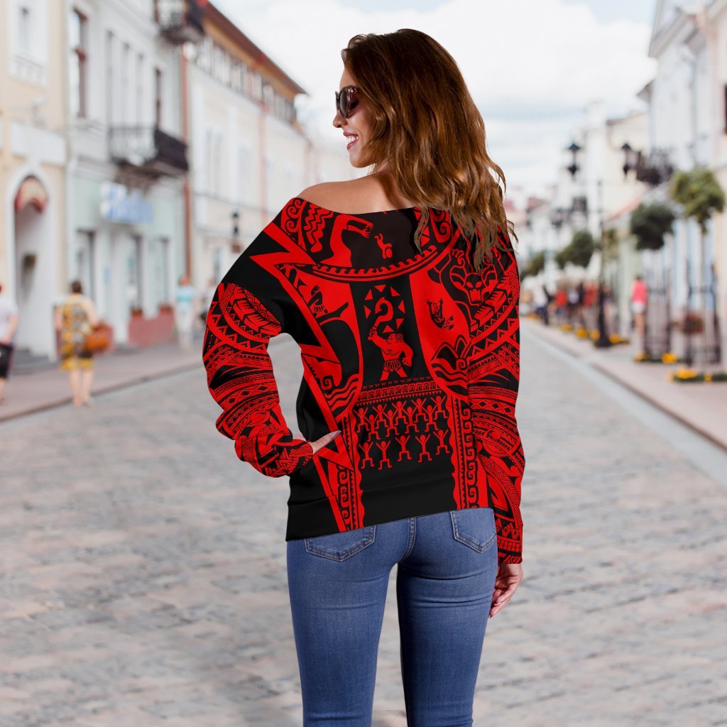 (Custom Personalised) Polynesian Guinea Women's Off Sweaters - Moana Maui Tattoo With Coat Of Arm Guinea Red - Polynesian Pride