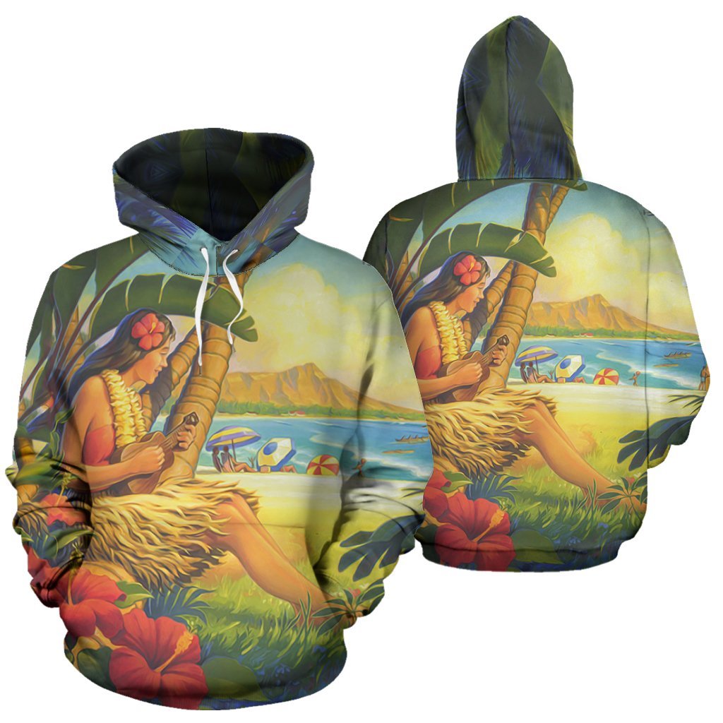 Hawaii Hoodie Hula Girl With Ukelele Unisex Green - Polynesian Pride