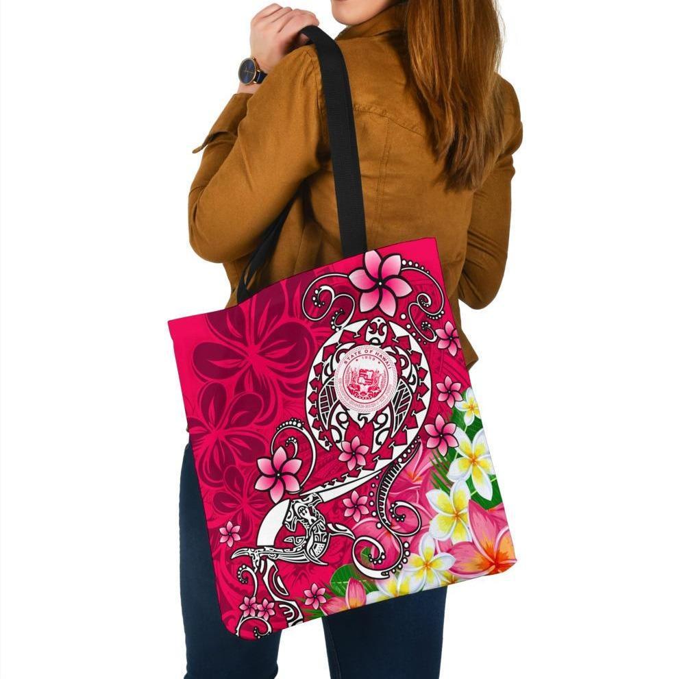 Hawaii Polynesian Tote Bags - Hawaii Seal With Turtle Plumeria (Pink) Tote Bag One Size Pink - Polynesian Pride